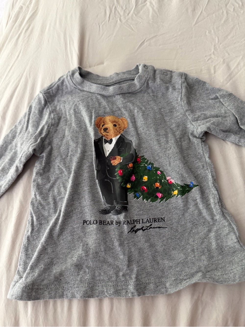 Ralph Lauren Gray Polo Bear Long-Sleeve Tee with Holiday Tree